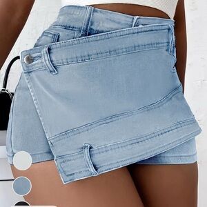 Asymmetrical Denim Wrap Mini Skirt - Light Blue